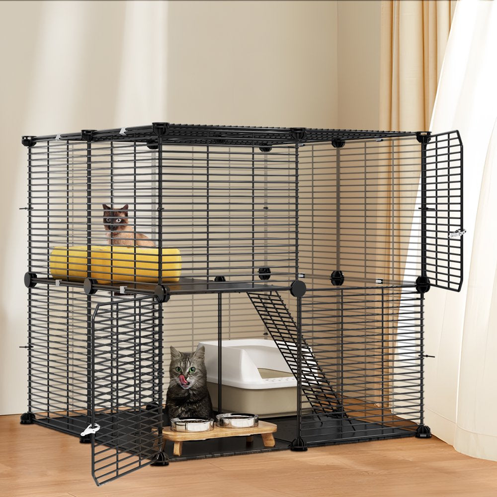 2-Tier Cat Cage,Indoor Pet Cage,Diy Pet Playpen Metal Kennel for 1-2 Cats, Ferrets, Chinchillas, Rabbits, Small Animals, Kittens,Travel and Camping,Black