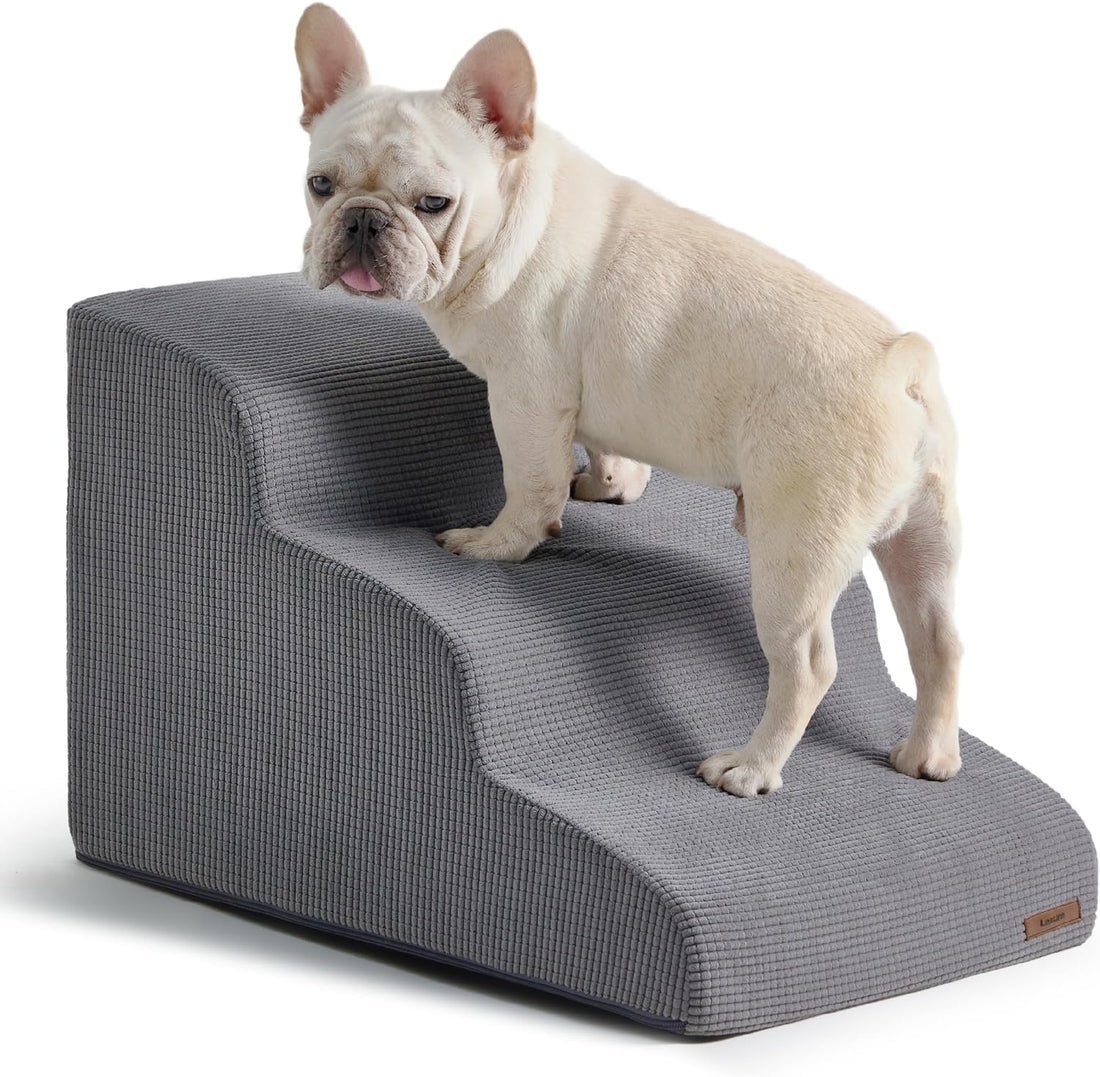 Lesure Dog Stairs for Small Dogs - 3 Steps Dog Ramp for Bed and Couch with Certipur-Us Certified Foam, Pet Steps with Non-Slip Bottom for Old Cats, Injured Doggies and Puppies, Grey