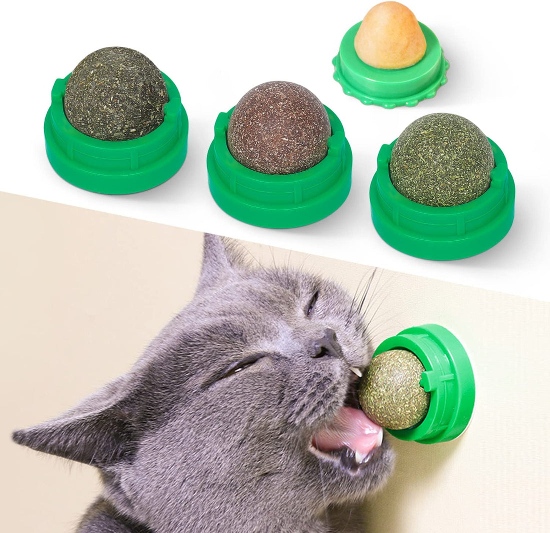 Catnip Toys Balls 4 Pcs, Extra Cat Energy Ball, Edible Kitten Silvervine Toys for Cats Lick, Healthy Kitty Teeth Cleaning Dental Chew Toys, Cat Wall Treats (Green)