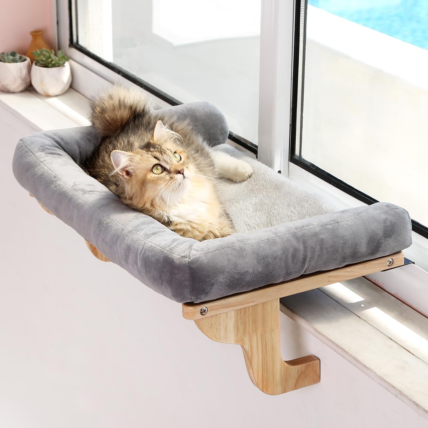 Cat Perch for Window Sill with Bolster - Orthopedic Hammock Design with Premium Hardwood &amp; Robust Metal Frame - Cat Window Seat for Large Cats and Kittens - Nartural Color Wood with Gray Bed