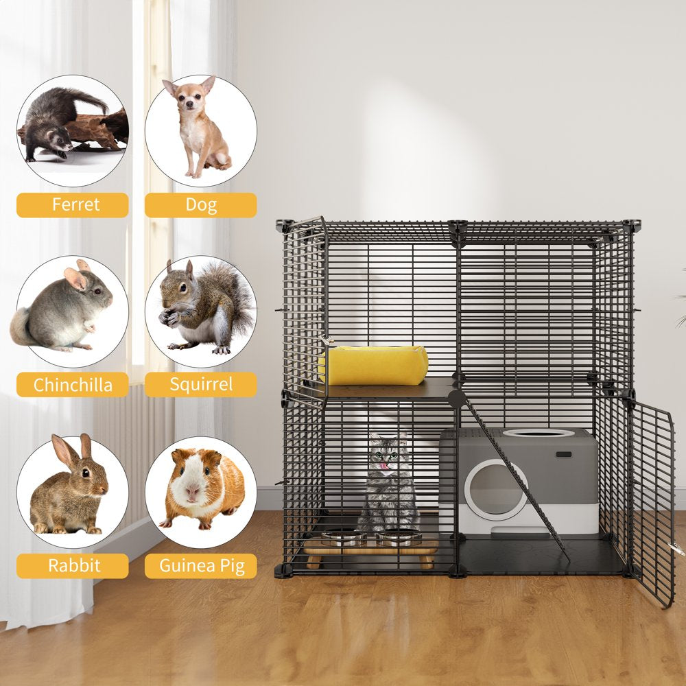 2-Tier Cat Cage,Indoor Pet Cage,Diy Pet Playpen Metal Kennel for 1-2 Cats, Ferrets, Chinchillas, Rabbits, Small Animals, Kittens,Travel and Camping,Black